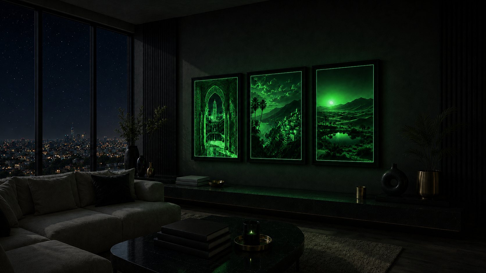 Le meme salon la nuit : les trois tableaux s'illuminent en vert