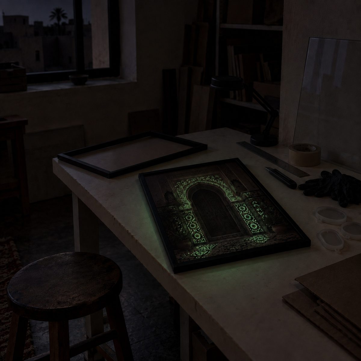 L'atelier Zenartec à Marrakech un soir de coupure de courant : sur l'établi, un tableau en cours de montage dont les zones photoluminescentes s'illuminent en vert
