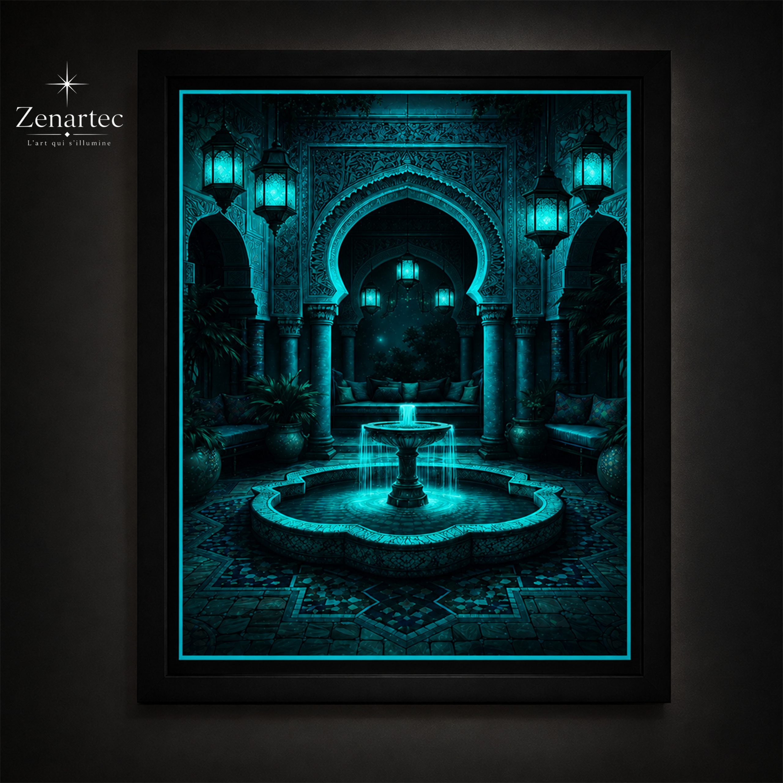 Cour des Sultans avec détails lumineux dans l’obscurité glow turquoise