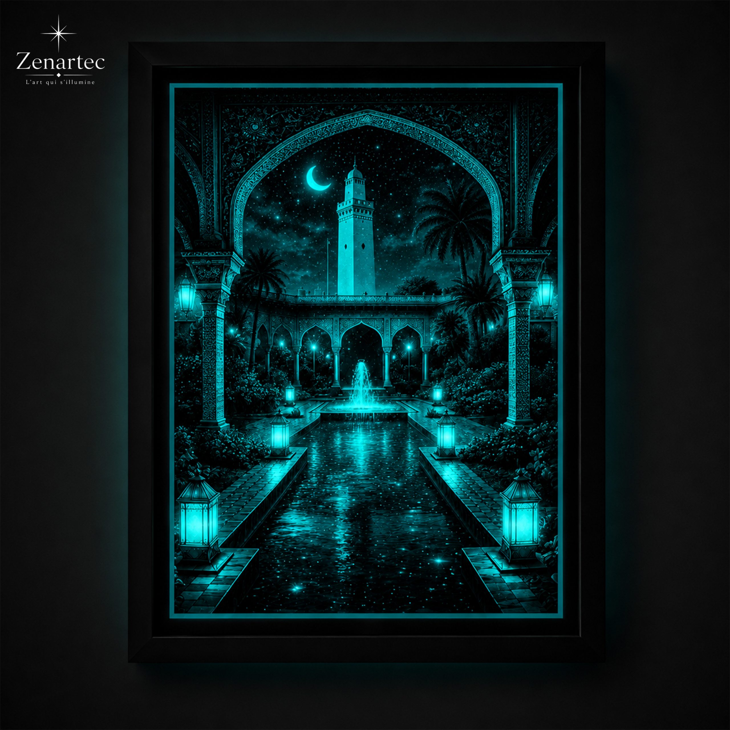 Jardins Orientaux avec détails lumineux dans l’obscurité glow turquoise