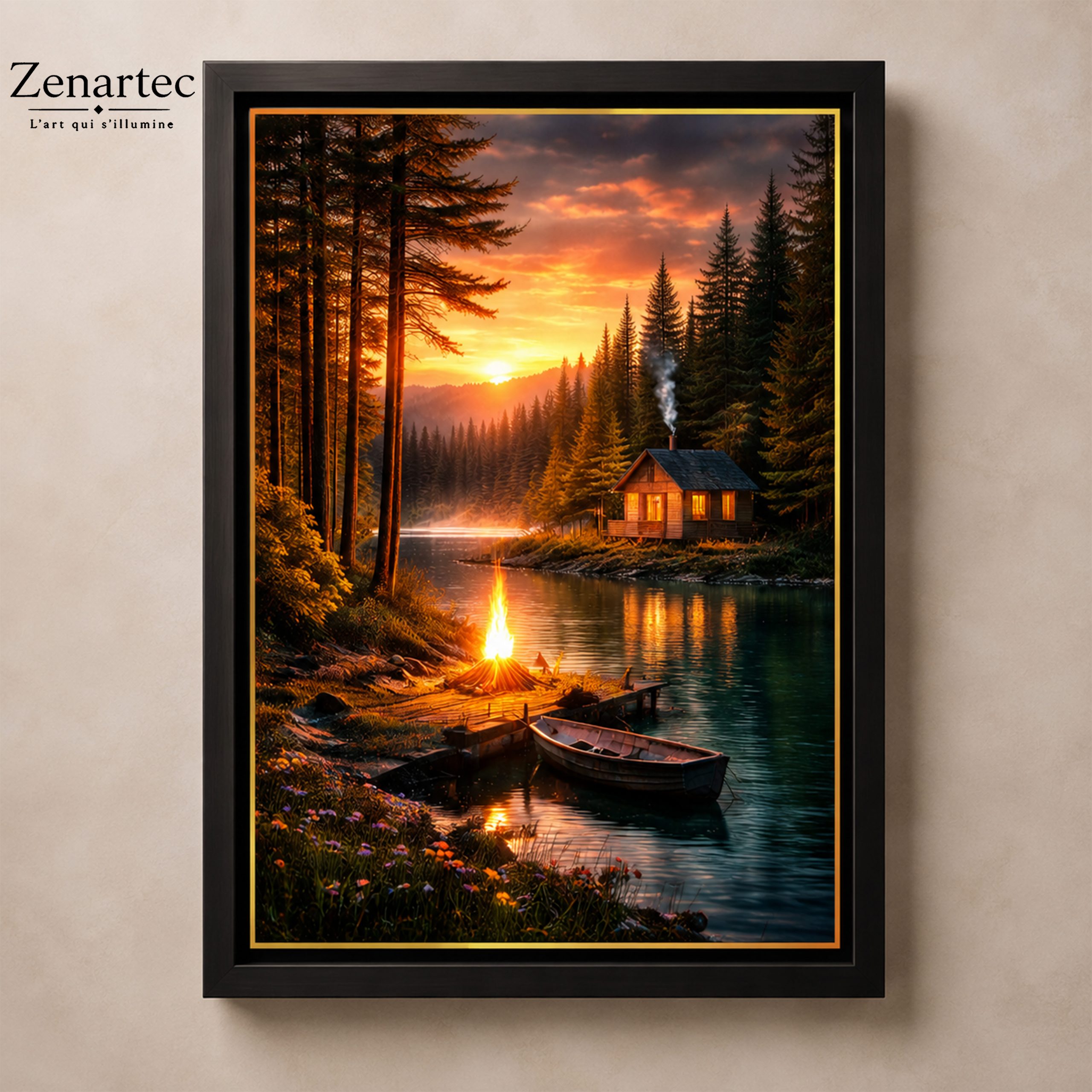 Chaleur d’un Instant, feu de camp au bord d’un lac entouré de sapins, tableau photoluminescent en lumière naturelle