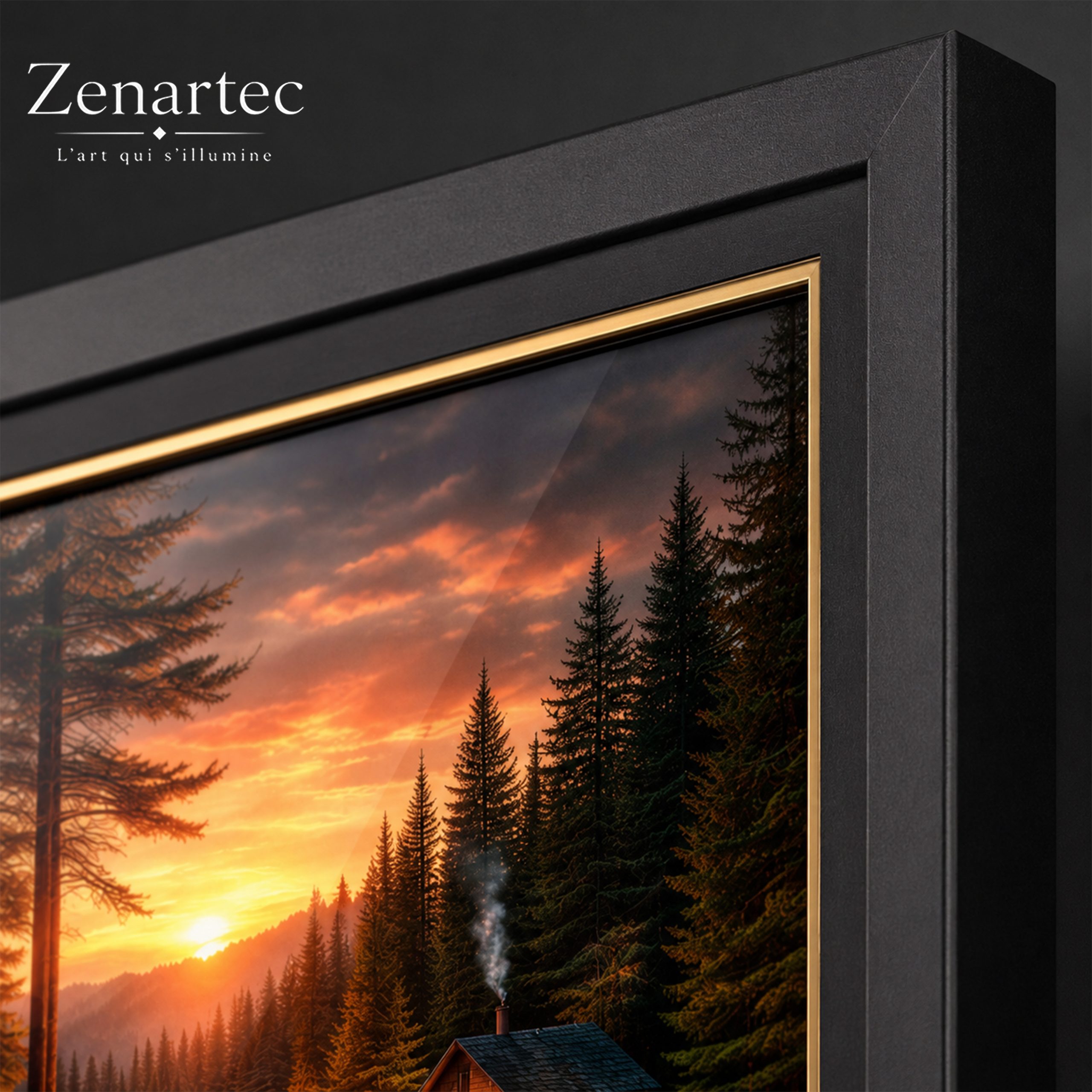 Détail du cadre noir et de la vitre du tableau Chaleur d’un Instant