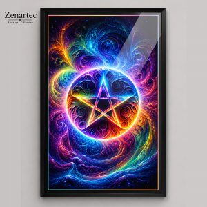Énergie Primordiale, motif géométrique central traversé de volutes colorées, tableau photoluminescent en lumière naturelle