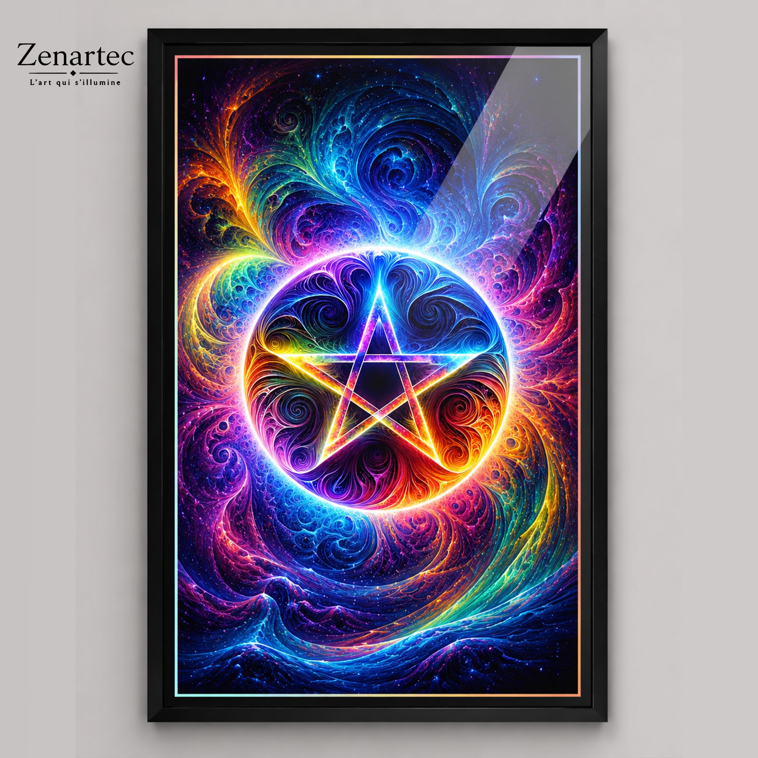 Énergie Primordiale, motif géométrique central traversé de volutes colorées, tableau photoluminescent en lumière naturelle