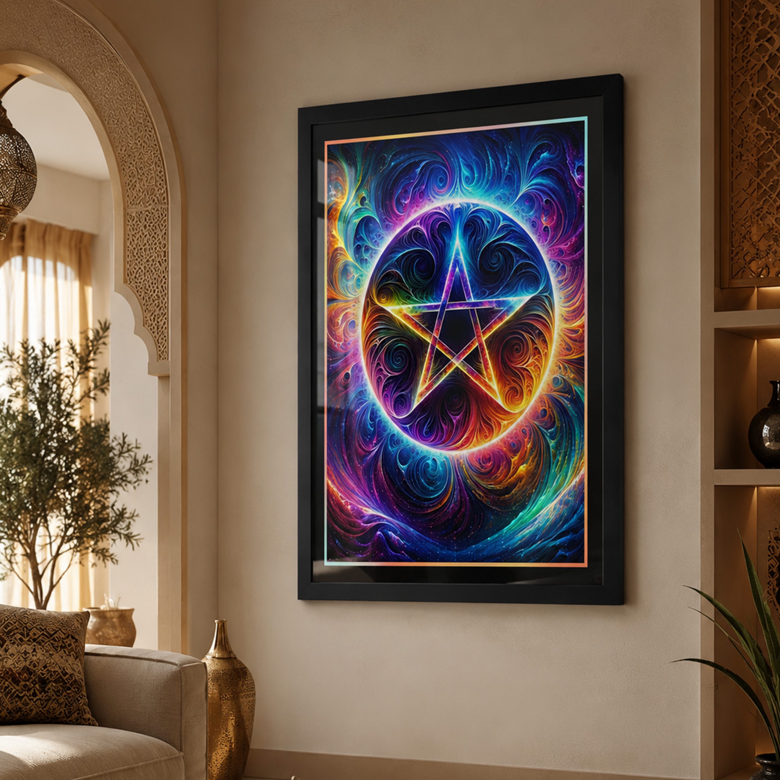 Tableau Énergie Primordiale en décoration murale dans un salon