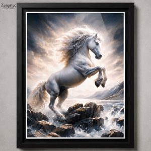 Esprit Libre, cheval blanc cabré dans un paysage rocheux, tableau photoluminescent en lumière naturelle