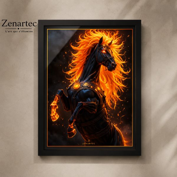 Flamme Noire, cheval noir à la crinière de flammes, tableau photoluminescent en lumière naturelle