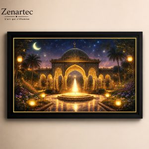 Jardin oriental, pavillon à coupole, jardin fleuri et fontaine centrale, tableau photoluminescent en lumière naturelle