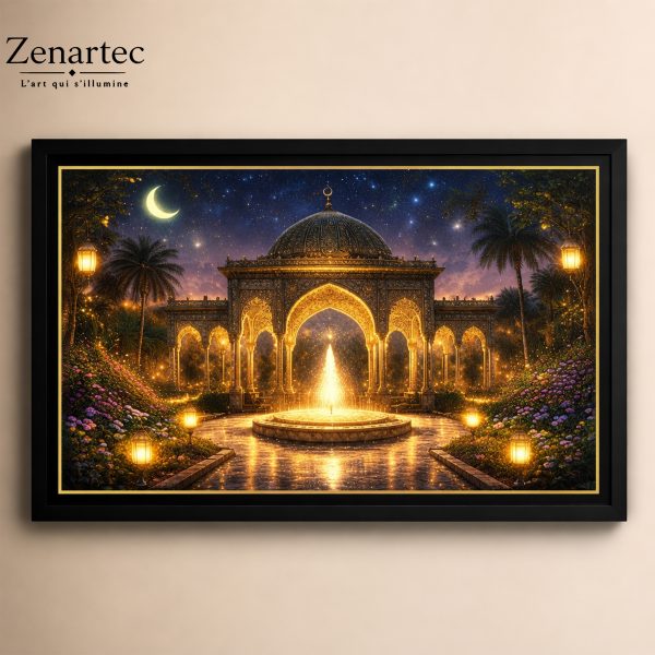 Jardin oriental, pavillon à coupole, jardin fleuri et fontaine centrale, tableau photoluminescent en lumière naturelle