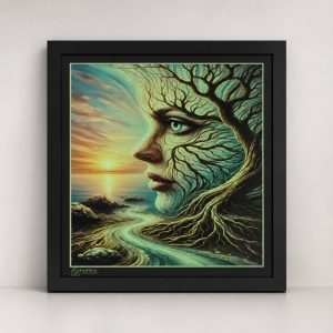 L’Âme de la Terre, visage féminin fondu dans les branches et les racines face à l’horizon, tableau photoluminescent en lumière naturelle