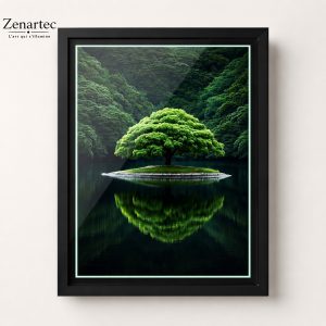 L’Île Intérieure, arbre solitaire sur un îlot reflété dans l’eau, tableau photoluminescent en lumière naturelle
