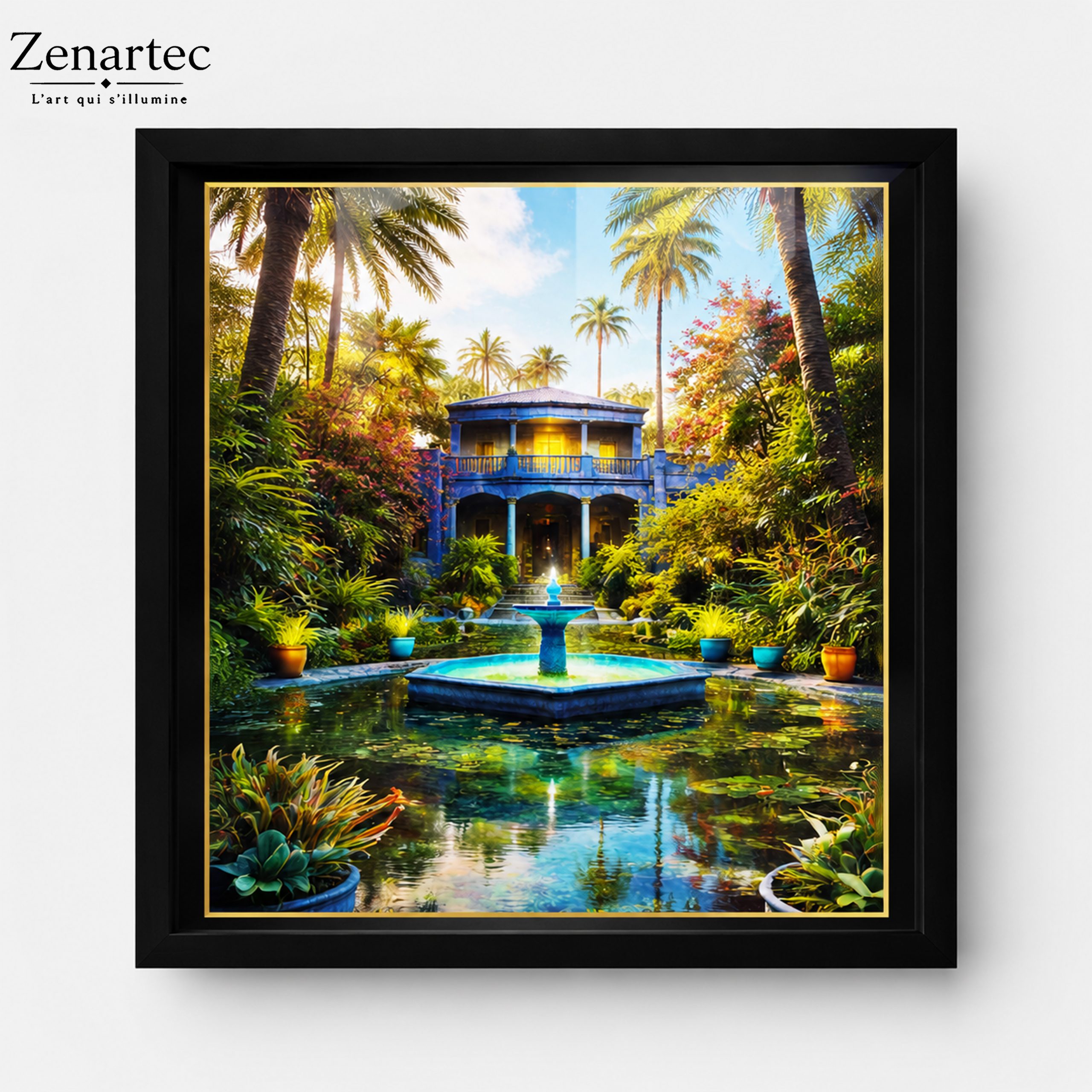 Majorel, Jardin d’Éveil, jardin luxuriant, palmiers et architecture bleue, tableau photoluminescent en lumière naturelle