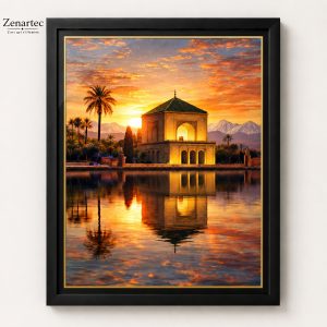 Mènera, Horizon Sacré, pavillon marocain au bord de l’eau au coucher du soleil, tableau photoluminescent en lumière naturelle