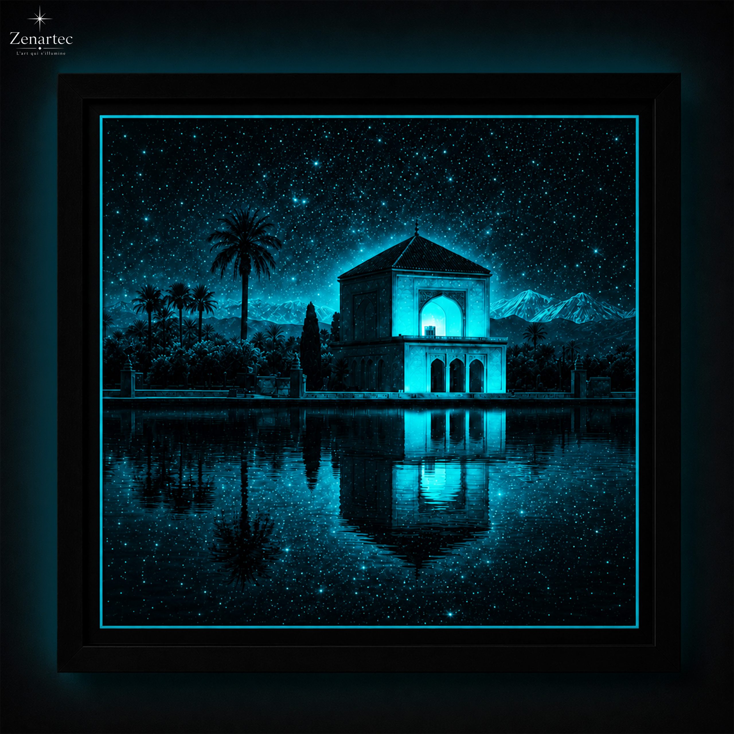 Tableau Mènera, Horizon Sacré en situation, pavillon marocain au bord de l’eau au coucher du soleil