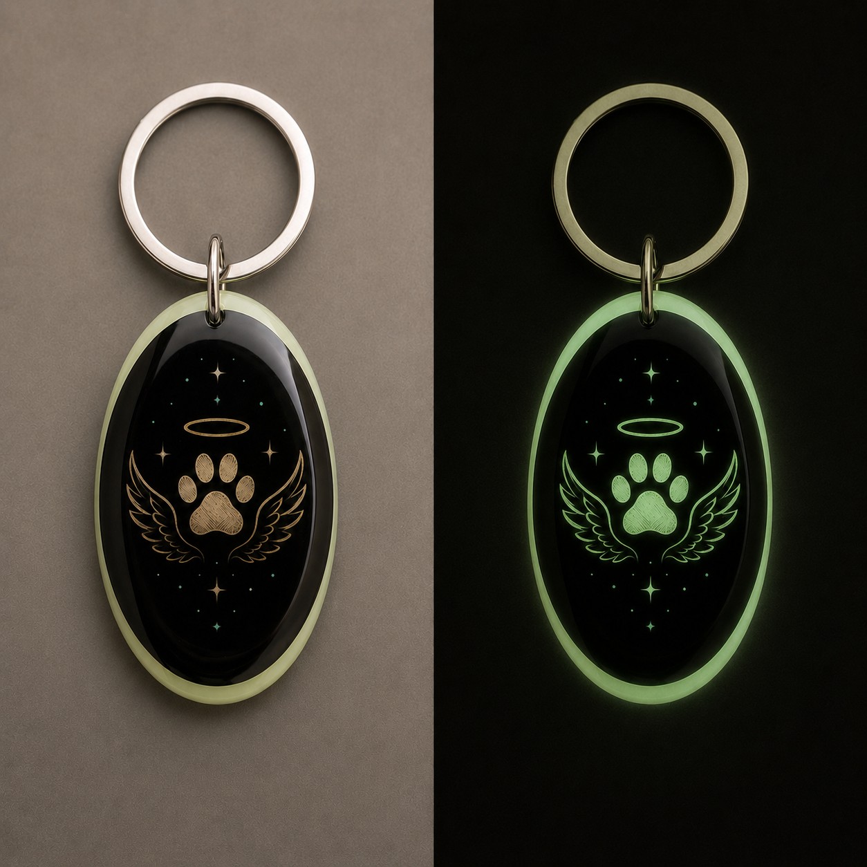 Comparaison jour et nuit du porte-clés Ange Animal