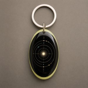 Aura Positive, composition graphique équilibrée aux lignes lumineuses et aux accents dorés, porte-clés photoluminescent en lumière naturelle