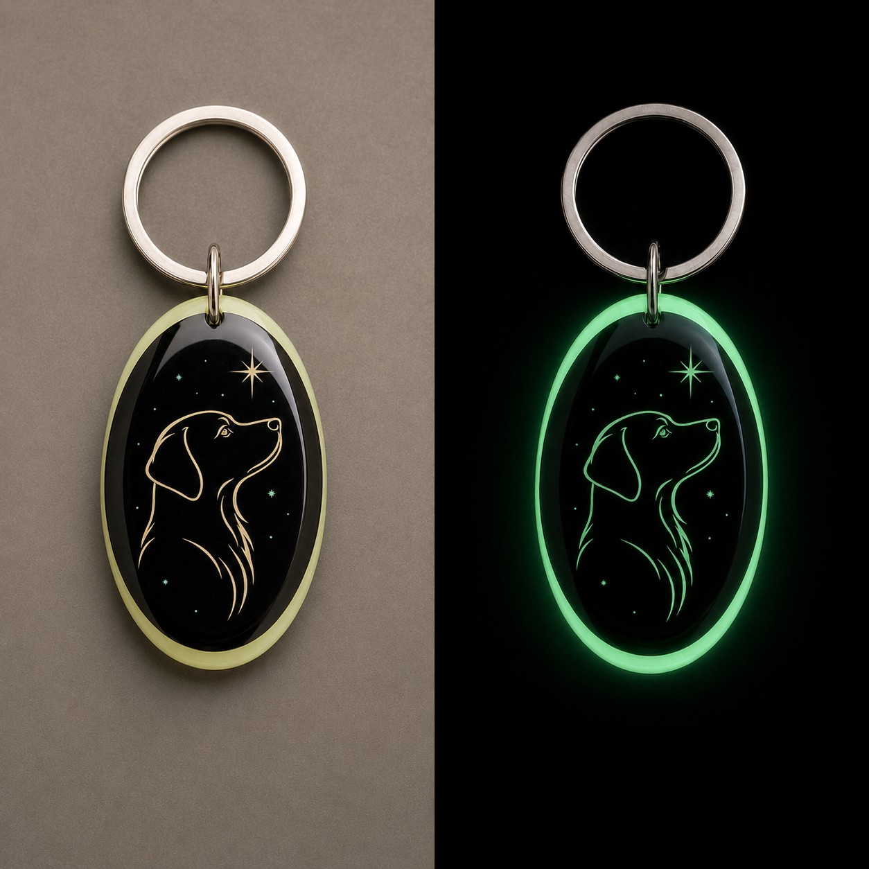 Comparaison jour et nuit du porte-clés Dog Star