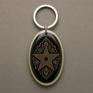 Étoile Guide, étoile marocaine stylisée, des motifs géométriques et des détails dorés, porte-clés photoluminescent en lumière naturelle
