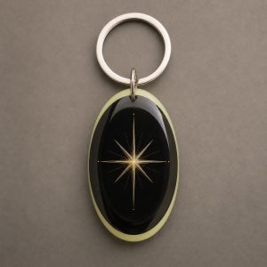 Étoile Intérieure, étoile rayonnante géométrique sur fond noir, soulignée de détails dorés, porte-clés photoluminescent en lumière naturelle