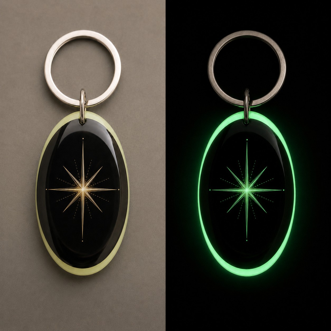Comparaison jour et nuit du porte-clés Étoile Intérieure