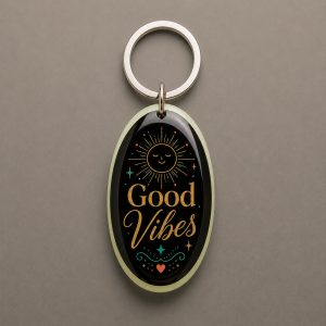 Good Vibes, soleil souriant, le lettrage Good Vibes et des détails colorés, porte-clés photoluminescent en lumière naturelle