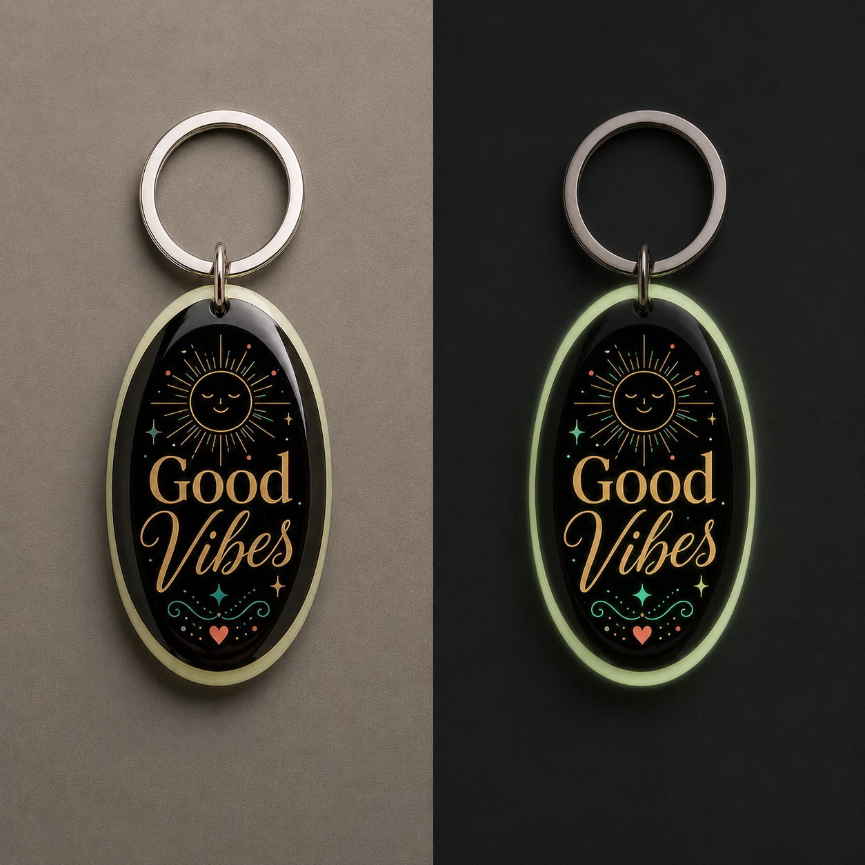 Comparaison jour et nuit du porte-clés Good Vibes