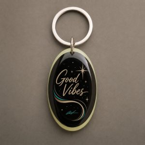 Good Vibes, composition Good Vibes aux couleurs vives et aux signes graphiques pop, porte-clés photoluminescent en lumière naturelle