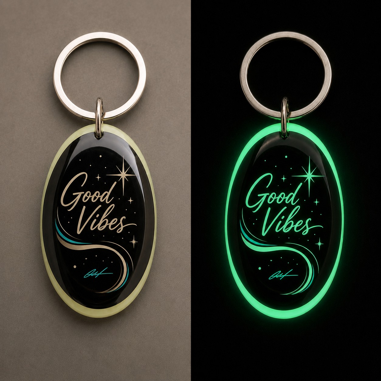 Comparaison jour et nuit du porte-clés Good Vibes