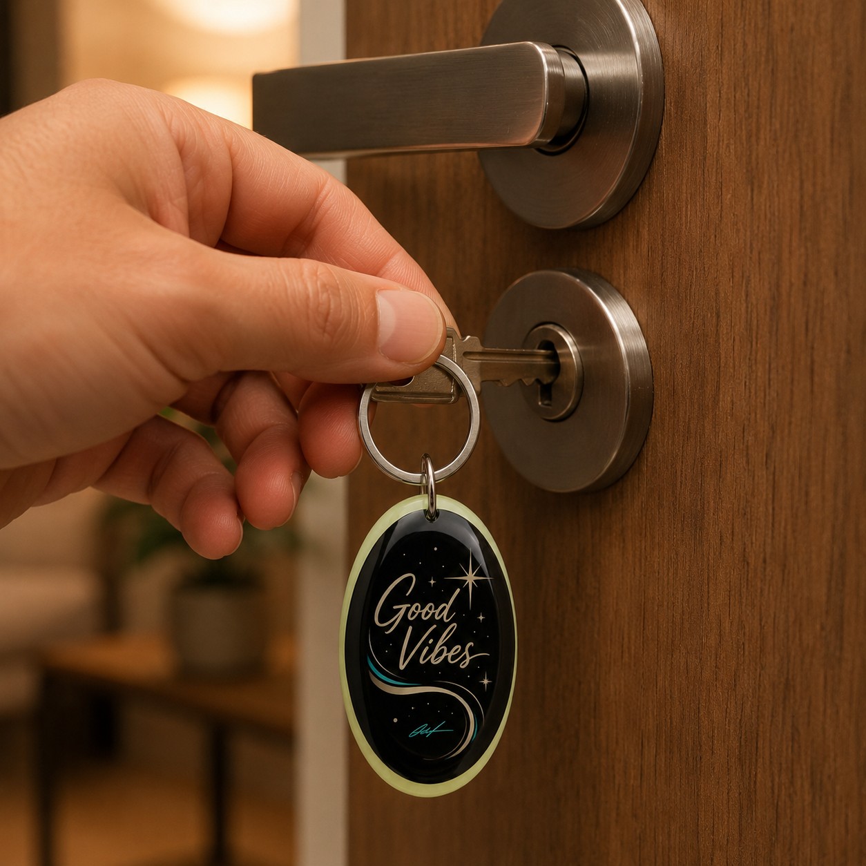 Porte-clés Good Vibes accroché à un trousseau de clés