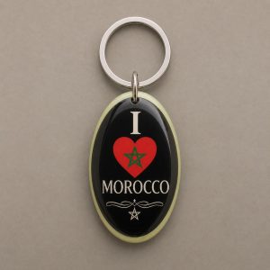 I Love Morocco, cœur rouge avec l’étoile verte marocaine et le lettrage I Love Morocco, porte-clés photoluminescent en lumière naturelle