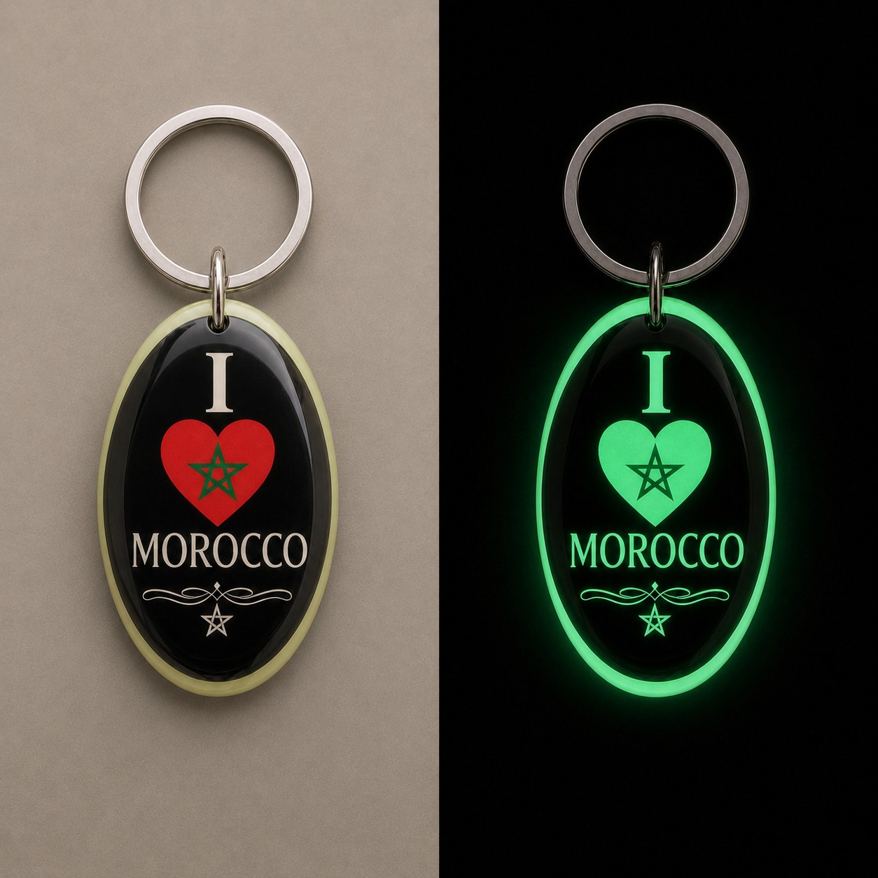 Comparaison jour et nuit du porte-clés I Love Morocco