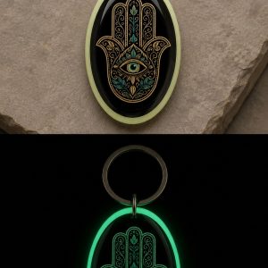 Khmissa Glow, main de Fatma stylisée, un œil protecteur et des détails dorés, porte-clés photoluminescent en lumière naturelle