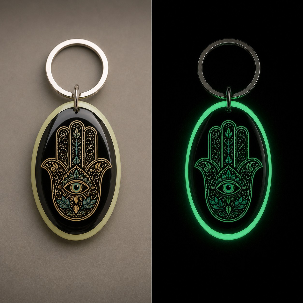 Comparaison jour et nuit du porte-clés Khmissa Glow