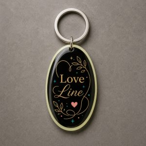 Love Line, lettrage Love Line, un cœur et de fines lignes végétales, porte-clés photoluminescent en lumière naturelle