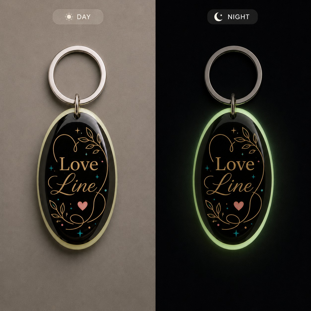 Comparaison jour et nuit du porte-clés Love Line