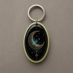 Lune Sacrée, croissant de lune et des détails célestes d’inspiration orientale, porte-clés photoluminescent en lumière naturelle