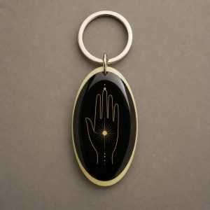 Main de Lumière, main symbolique stylisée, des lignes dorées et des détails lumineux, porte-clés photoluminescent en lumière naturelle