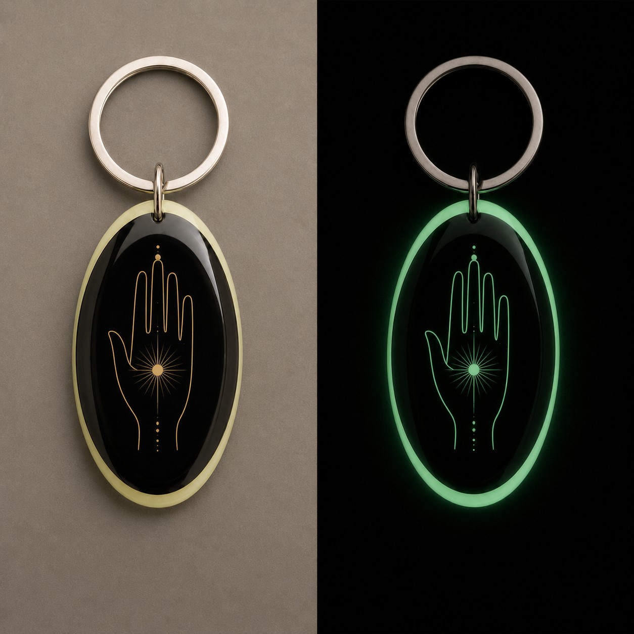Comparaison jour et nuit du porte-clés Main de Lumière