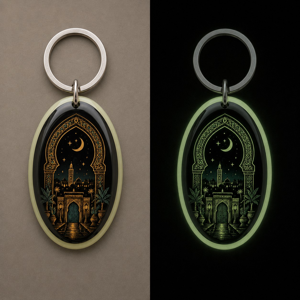 Comparaison jour et nuit du porte-clés Marrakech Night