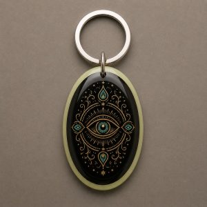 Œil Protecteur, œil protecteur ornemental, des arabesques dorées et des touches turquoise, porte-clés photoluminescent en lumière naturelle