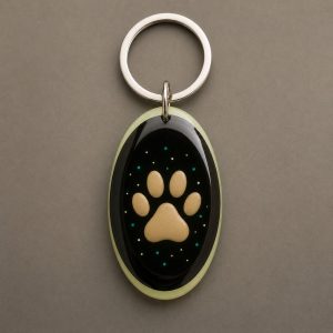 Patte Lumière, empreinte de patte stylisée et de petits détails lumineux, porte-clés photoluminescent en lumière naturelle