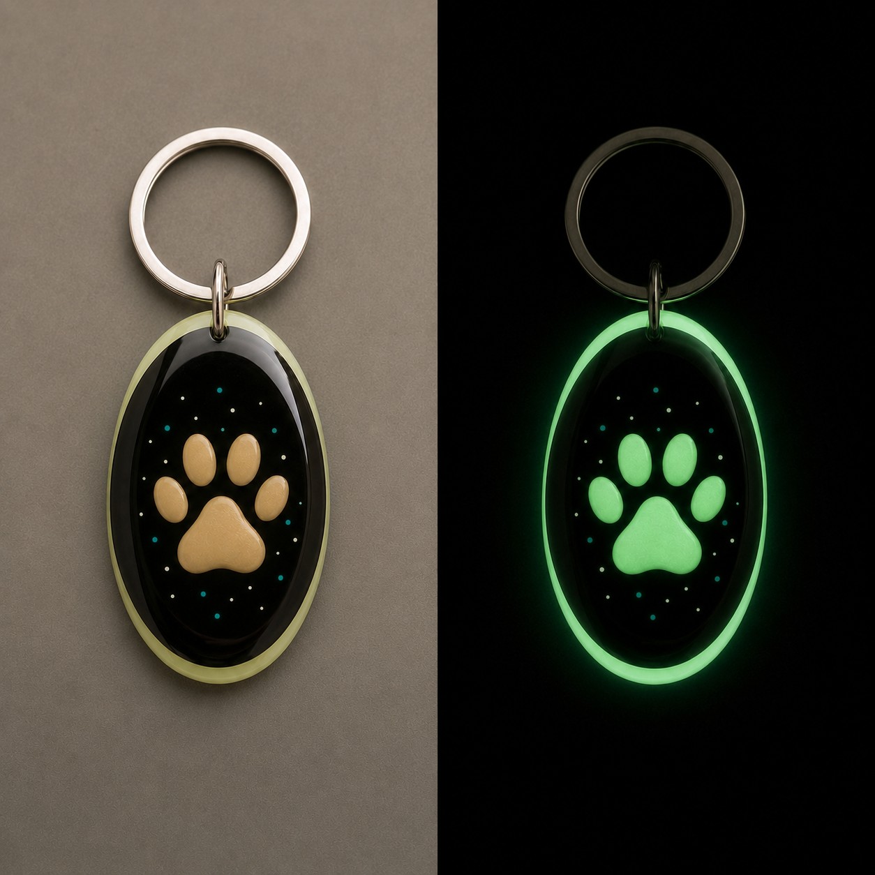 Comparaison jour et nuit du porte-clés Patte Lumière