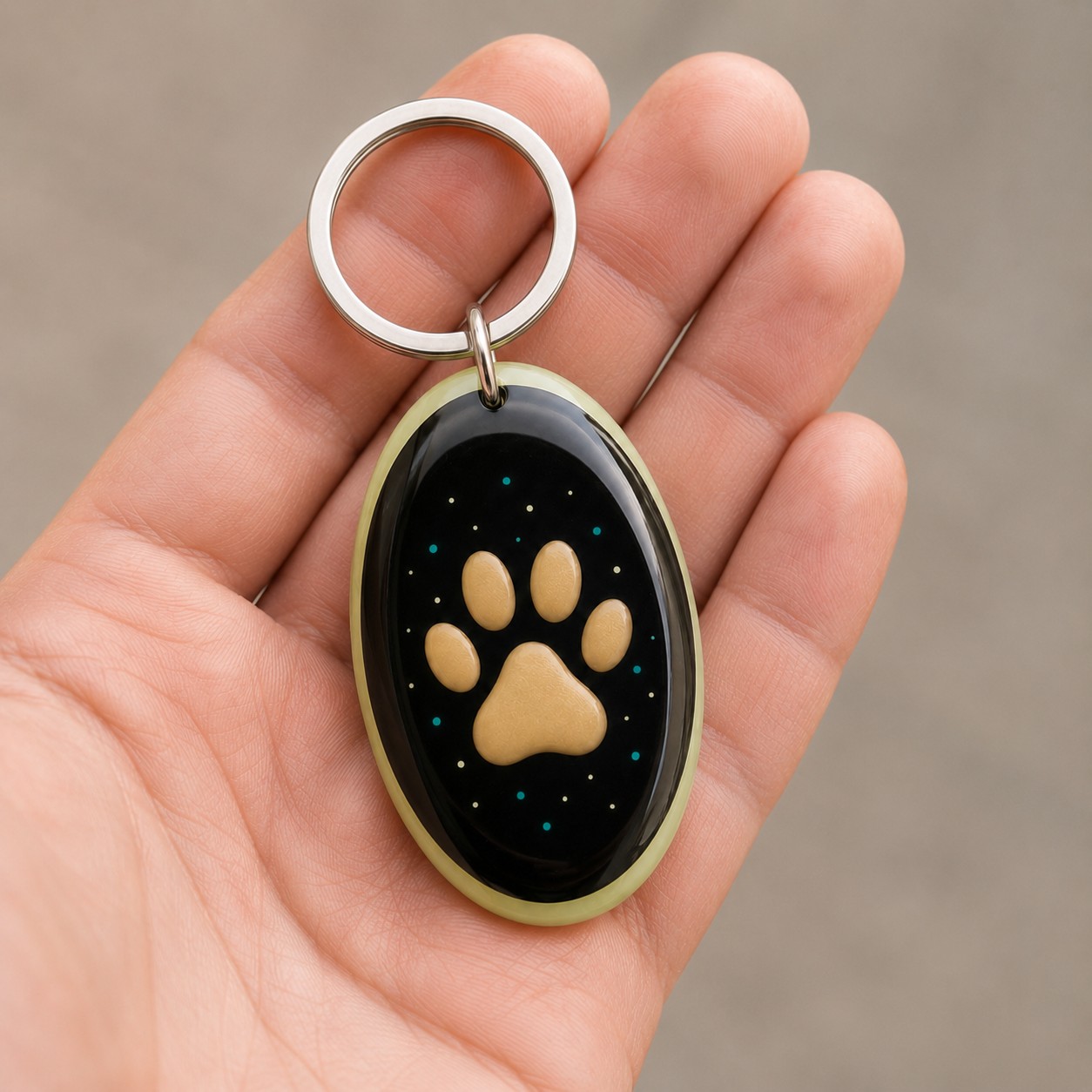 Porte-clés Patte Lumière tenu dans une main, échelle réelle