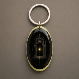 Porte de Lumière, porte marocaine stylisée, une arche décorative et une lumière centrale, porte-clés photoluminescent en lumière naturelle