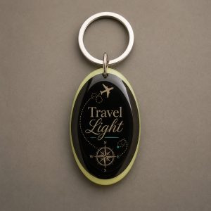 Travel Light, avion, une trajectoire de voyage et une rose des vents, porte-clés photoluminescent en lumière naturelle