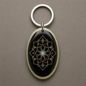 Zellige Glow, rosace inspirée du zellige, des lignes dorées et des touches turquoise, porte-clés photoluminescent en lumière naturelle
