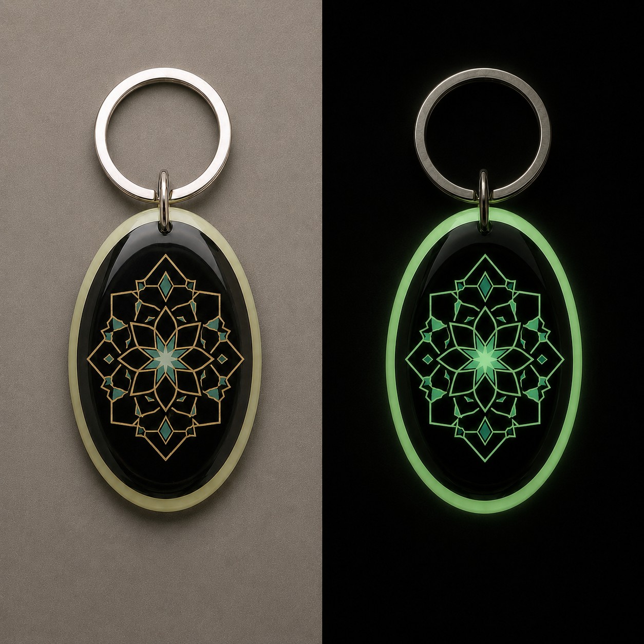 Comparaison jour et nuit du porte-clés Zellige Glow