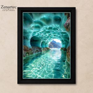 Sanctuaire Cristallin, grotte aux parois minérales et eau turquoise, tableau photoluminescent en lumière naturelle