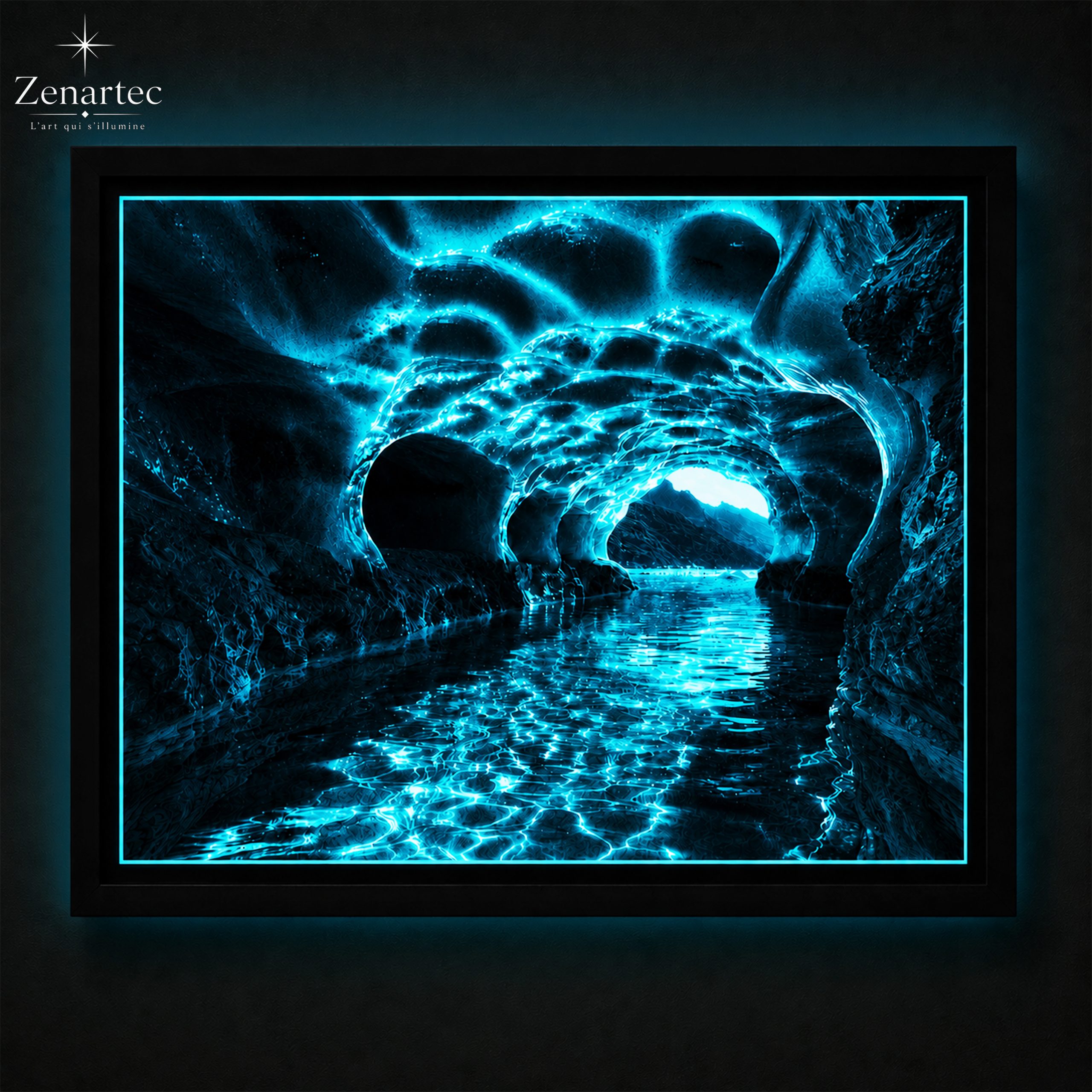Tableau Sanctuaire Cristallin en gros plan, grotte aux parois minérales et eau turquoise