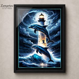 Tempête Éclairée, dauphins et phare sous un ciel d’éclairs, tableau photoluminescent en lumière naturelle